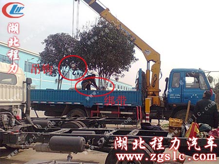 園丁將隨車吊的吊鉤掛在固定樹苗的綁帶上 園丁將隨車吊的吊鉤掛在固定樹苗的綁帶上